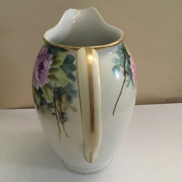 Vintage /antique Hand painted Nippon pitcher jar pink purple roses floral damage - Picture 2 of 7